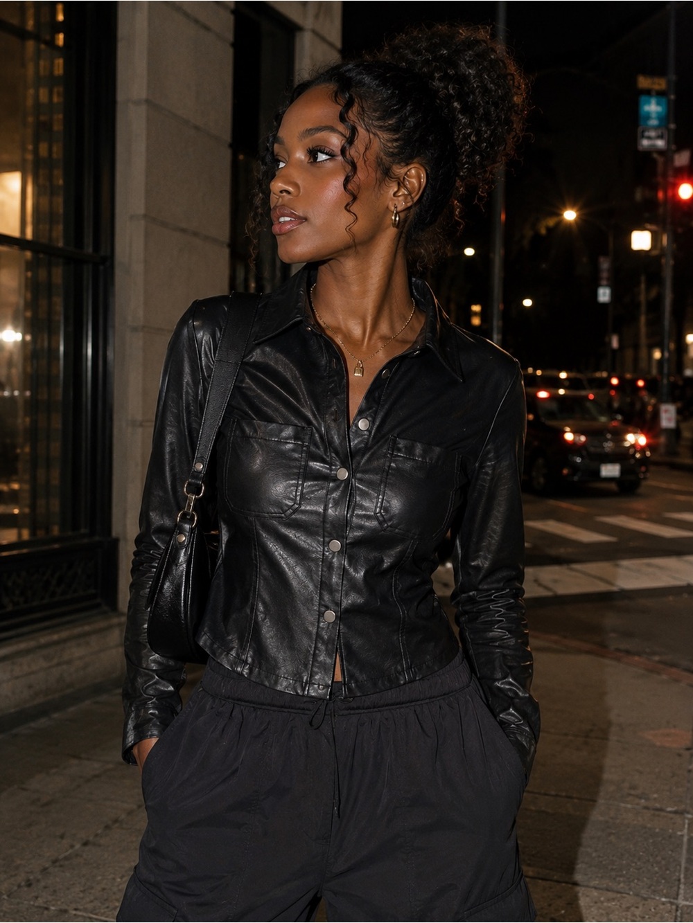 Haute Monde Black Faux Leather Button Top